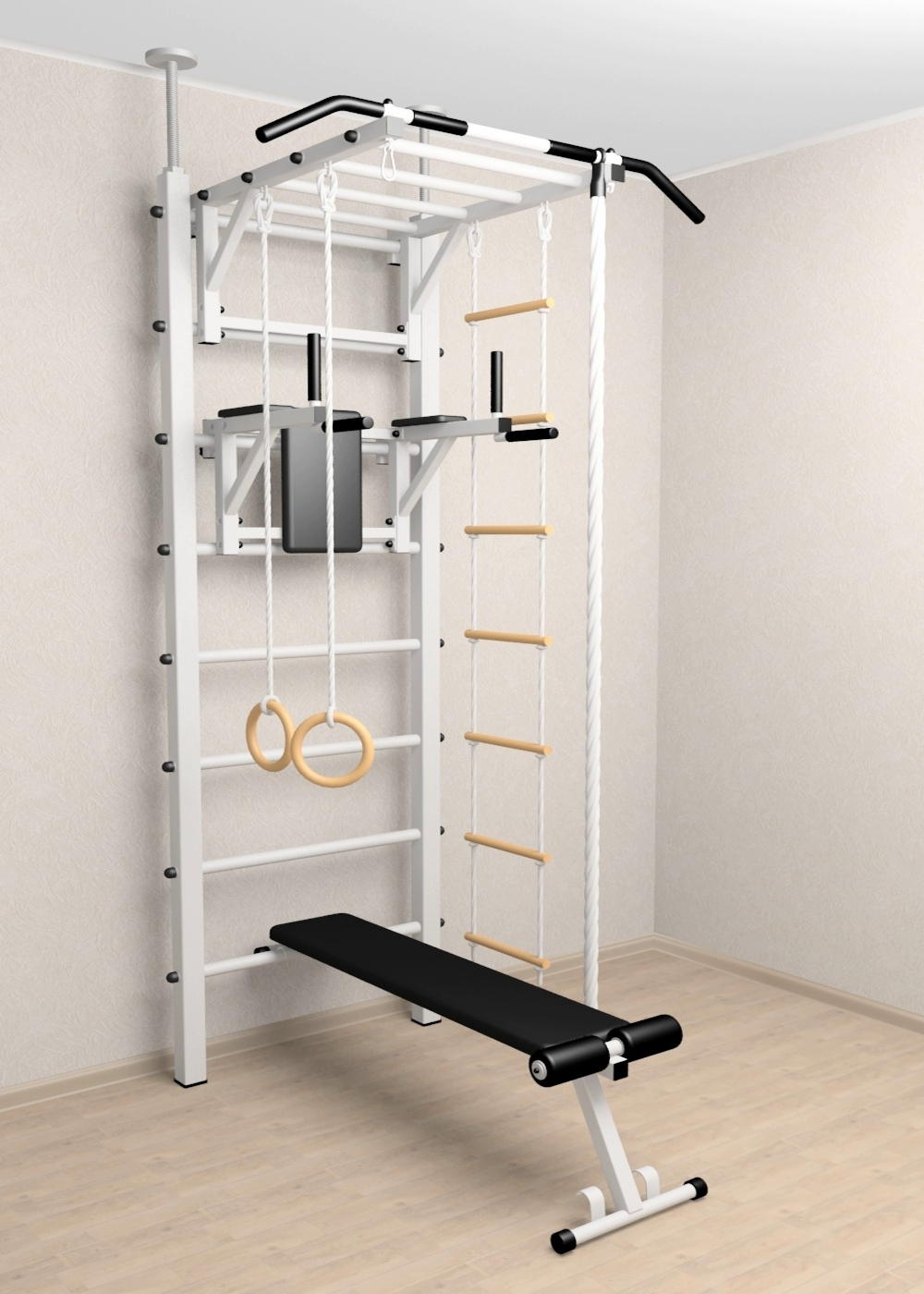 Шведская стенка Sv Sport враспор (Турник рукоход/Брусья/Скамья/Канат/Кольца/Лестница)