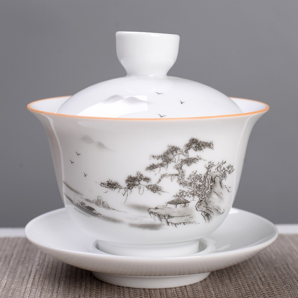 268031.3Y2 УЦЕНКА Гайвань ГОРНЫЙ САД "Горы и реки" h=8,5см, d=10см, 180мл, фарфор гл.белый