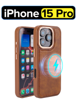 Чехол на Apple iPhone 15 Pro кожаный Магсейф с металлической рамкой, коричневый