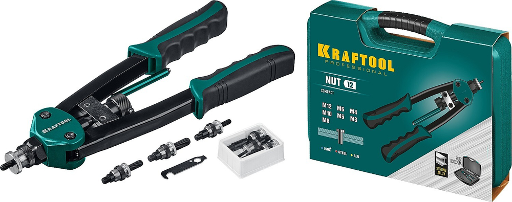 Резьбовой двуручный заклепочник в кейсе, KRAFTOOL NUT-12, М3 - М12