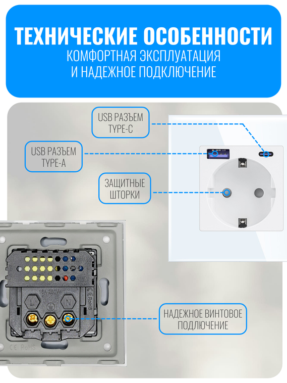 Розетка с зарядным устройством USB и Type-C Smart Aura серия Classic с рамкой из стекла