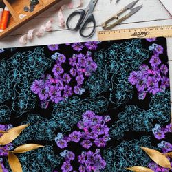 Ткань оксфорд 600 фиолетовые цветы с паутинкой