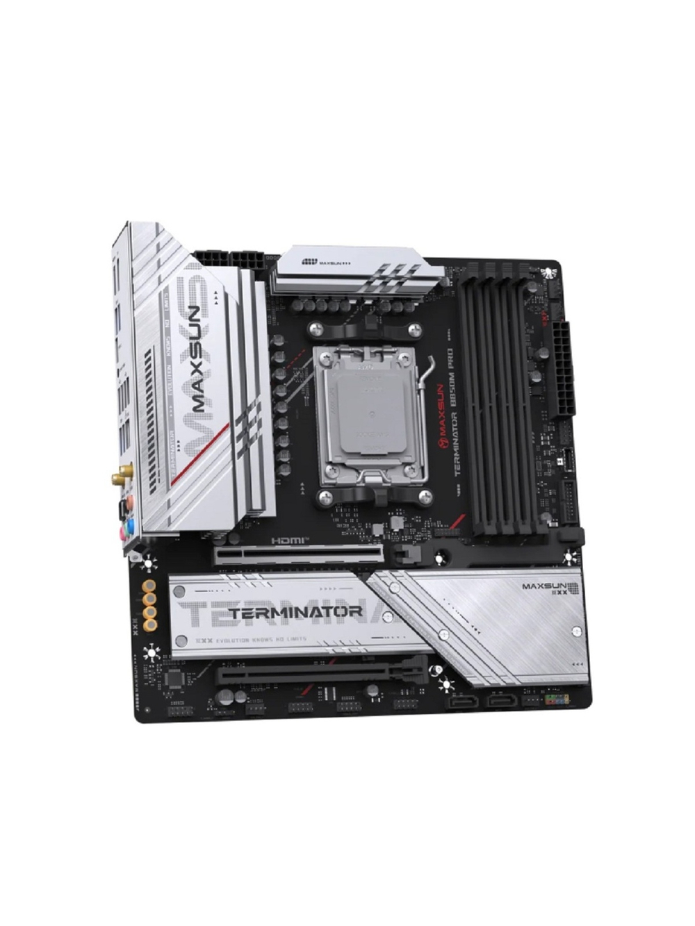 MAXSUN MS-Terminator B850M PRO WIFI (Socket AM5, mATX, 4*DDR5(192Gb), DP/HDMI, 2*SATA3, 3*M.2, 1*PCIEx16/1*PCIEx4, 1* Type-C, 4*USB 2.0, 4*USB 3.2, LAN 1*2.5G, SPDIF, WiFi 6E, RTL)