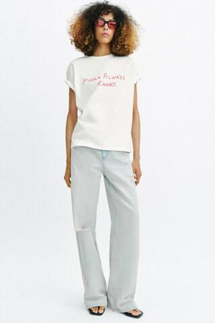 ZARA ФУТБОЛКА С НАДПИСЬЮ И КОРОТКИМИ РУКАВАМИ, БЕЛЫЙ