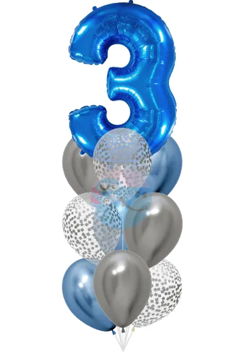 Фонтан c синей цифрой «3» из 10 воздушных шаров с гелием