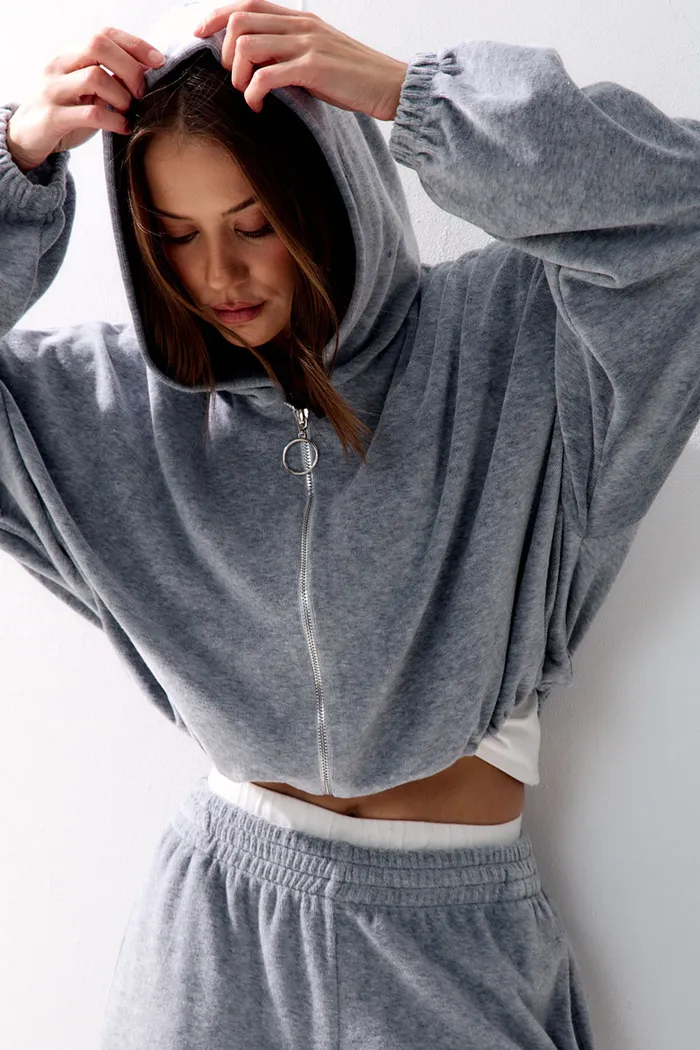 Худи на молнии из велюровой ткани цвета серый меланж