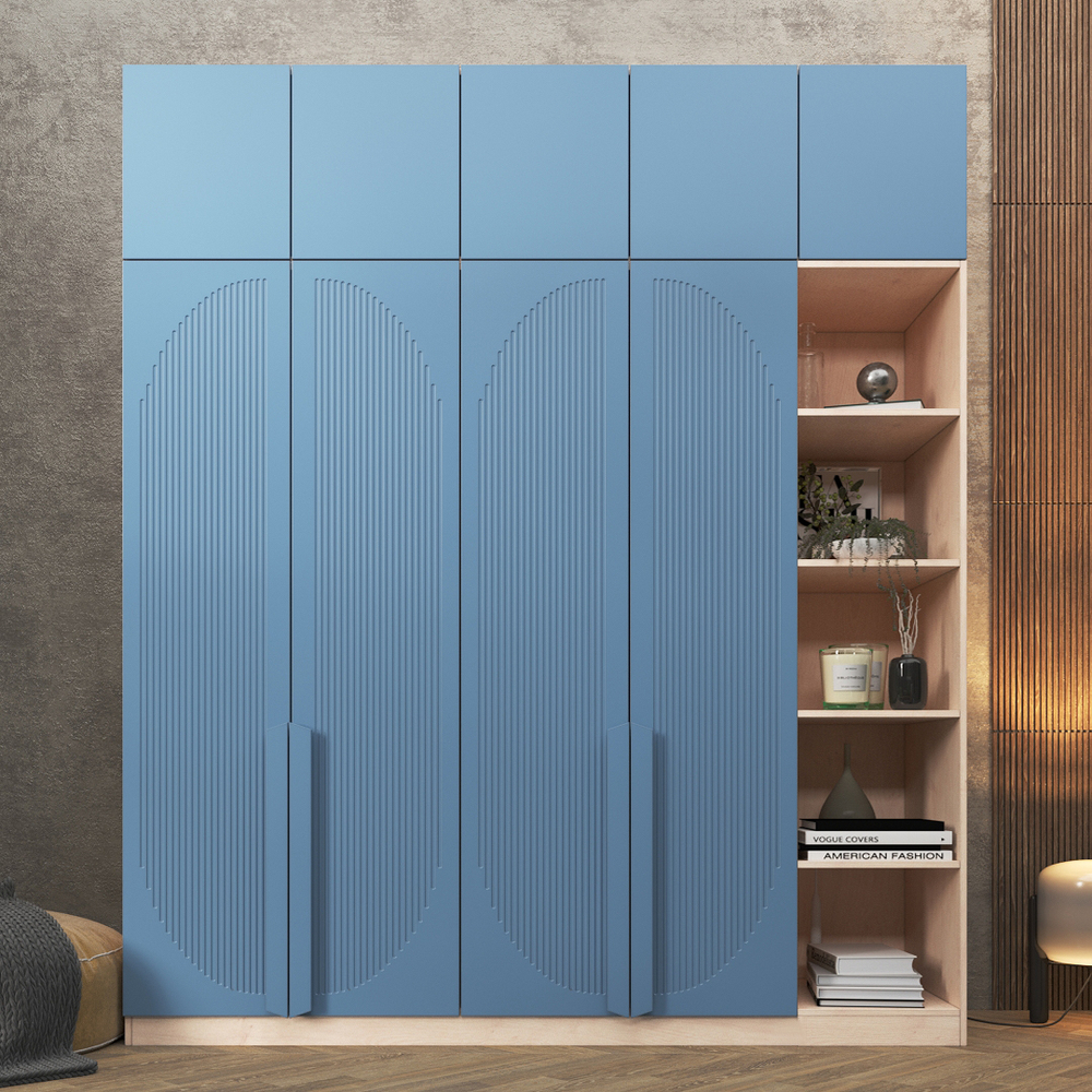 Шкаф Агератум МДФ четырехсекционный с антресолью и стеллажом Сапфир структурный (0,3) G4018-62A матовая - Дуб молочный 8622  220*50*260