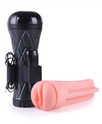 Телесный мастурбатор-вагина в черной колбе с вибрацией (Цвет: телесный)