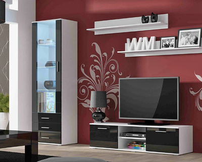 Гостиная Сохо 13 МДФ (черная) / Белый Фасадный 0101 200*41*192 см, Черный, Белый Фасадный   Фиеста