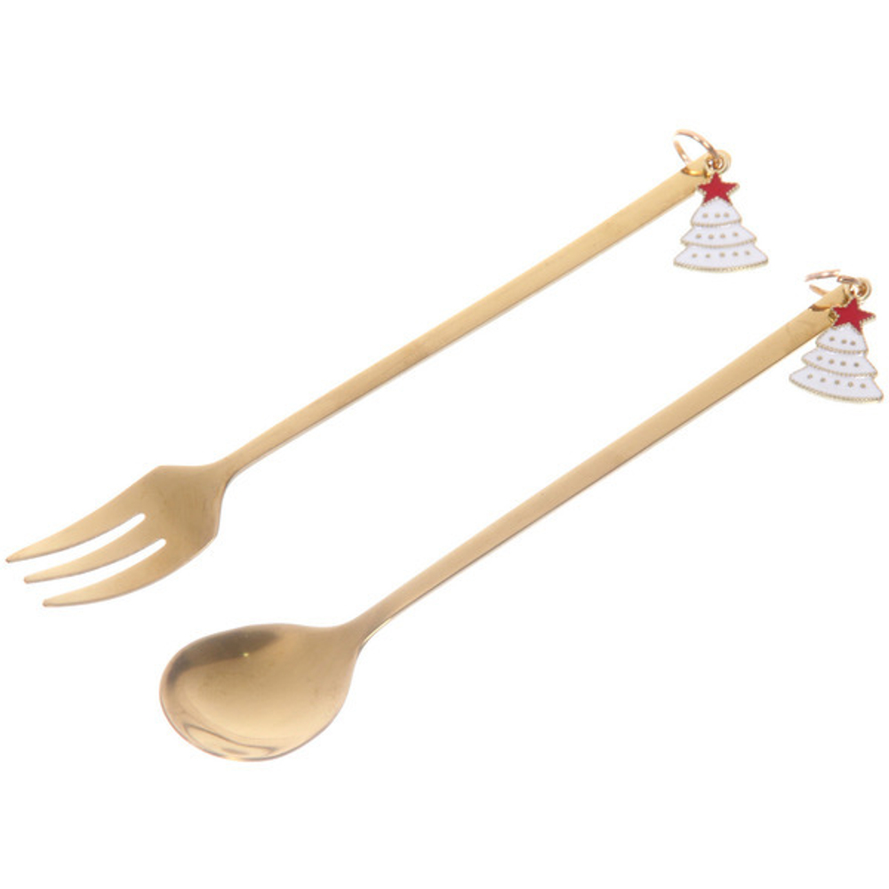 Набор для десерта «Ёлочки» 2предмета (ложка+вилка) в подарочной коробке,цвет золото