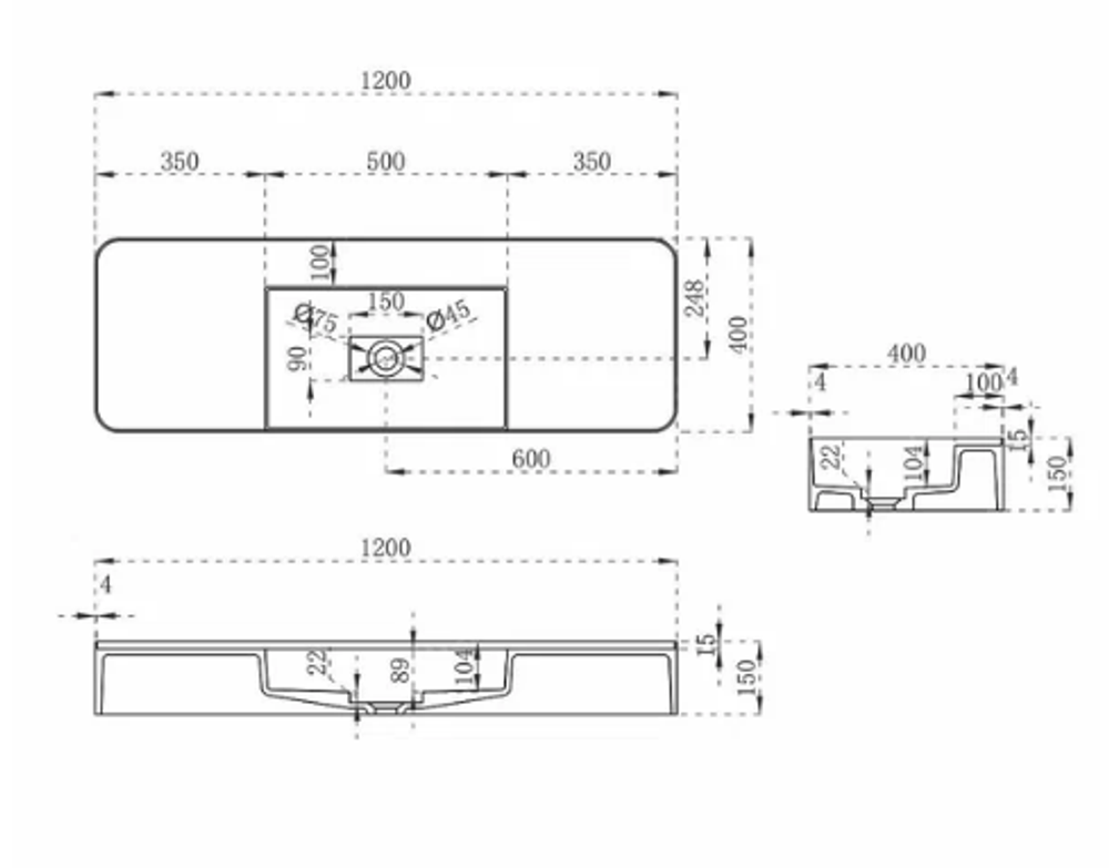 Раковина из искусственного камня Vincea VWB-6S312MW, 1200*400*150, подвесная, цвет белый матовый