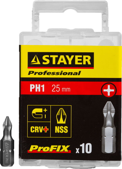 Биты STAYER ″PROFESSIONAL″ ProFix Phillips, тип хвостовика C 1/4″, № 1, L=25мм, 10шт