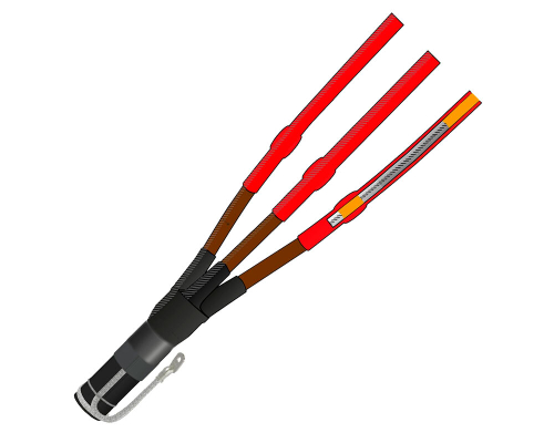 Муфта термоусаживаемая концевая внутренней установки для трехжильного кабеля с пластмассовой изоляцией из сшитого полиэтилена с ЛЕНТОЧНЫМ экраном, БЕЗ  БРОНИ, на напряжение до 10 кВ включительно 3ПКВТп-10-70...120-КлЭ (без наконечников)