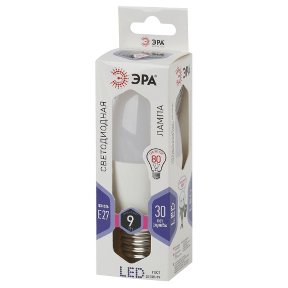 Лампа светодиодная ЭРА STD LED B35-9W-860-E27 9Вт свеча холодный дневной свeт Е27 | Лампы cветодиодные Свеча (B/C)