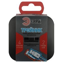 Разветвитель электрический ЭРА SP-4-USB-B на 4 розетки + 2xUSB 2400mA без заземления 10А черный | Электротовары