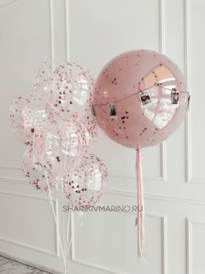 Розовый шар-гигант и фонтан из шариков с конфетти на День Влюблённых
