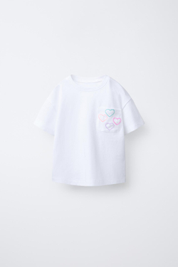 ZARA ФУТБОЛКА С КАРМАНОМ С ВЫШИВКОЙ, БЕЛЫЙ