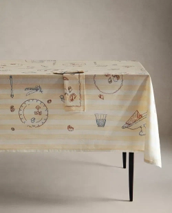 ZARA HOME ХЛОПКОВАЯ СКАТЕРТЬ С ПРИНТОМ, ЭКРЮ