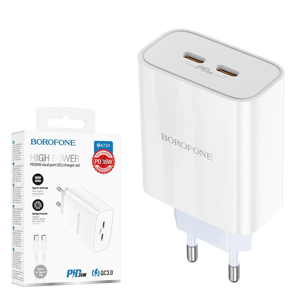 Сетевой адаптер питания BOROFONE BA73A 2C PD 35W QC 3.0 (белый)