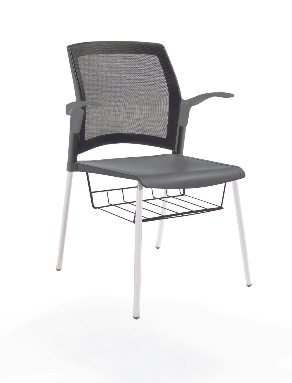 стул Rewind на 4 ногах, каркас белый, пластик серый, спинка-сетка, с открытыми подлокотниками, с подседельной корзиной