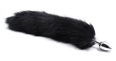 Серебристая металлическая анальная пробка с черным хвостом - размер S (Цвет: серебристый)