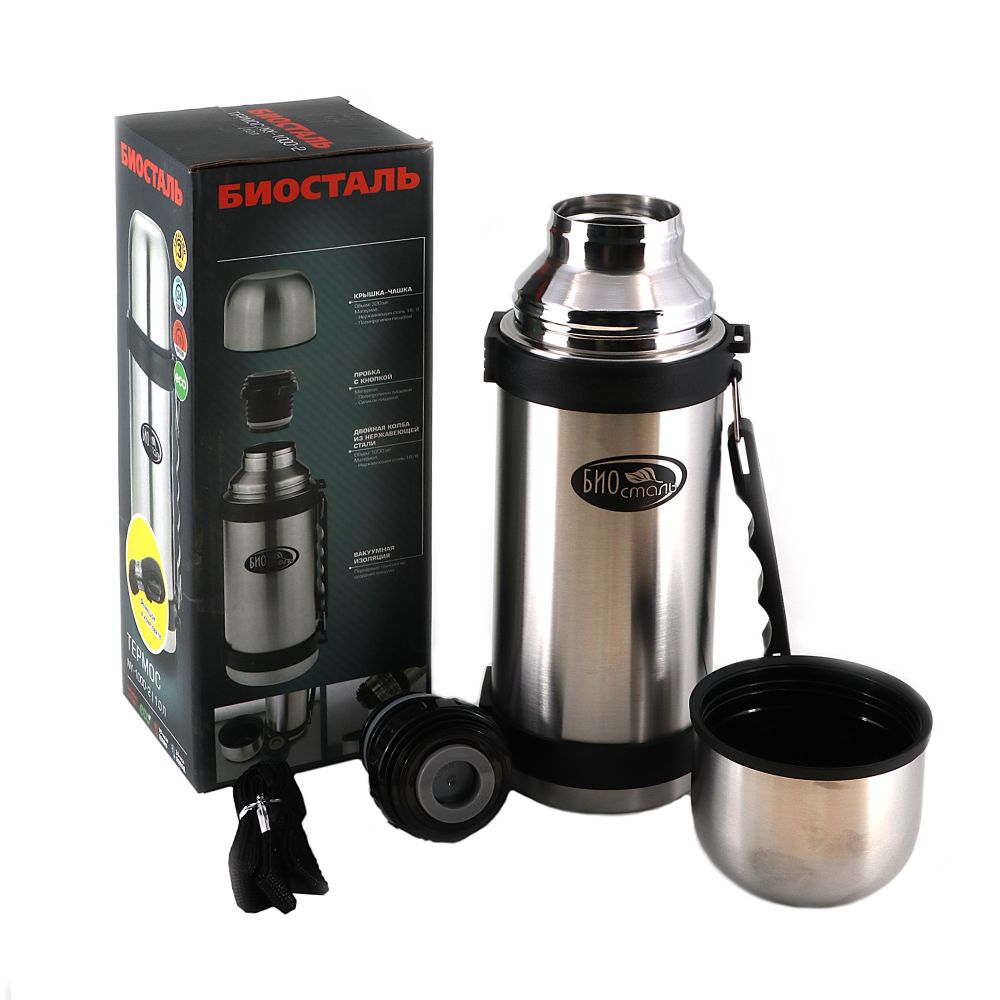 Термос &quot;Биосталь&quot; с узкой горловиной, пробкой с кнопкой и ручкой, 1,0 л/12/