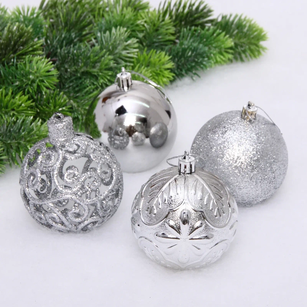 Новогодние шары 8 см (набор 24 шт) «Фактурный микс», серебро