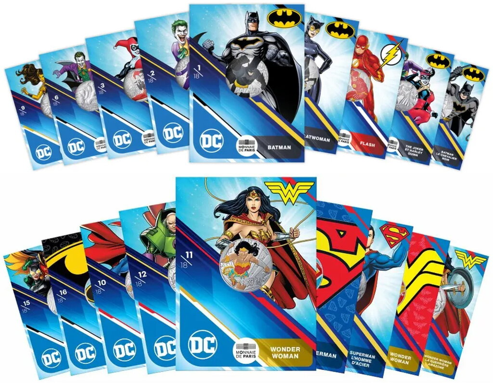 Франция 10 евро, 2025 Супергерои DC Comics набор 18 монет