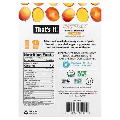 That's It, Energy, органические мини-батончики, смесь манго и лайма, 6 мини-батончиков, 20 г (0,7 унции)