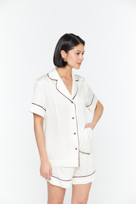 Блуза из тенселя с кантом айвори