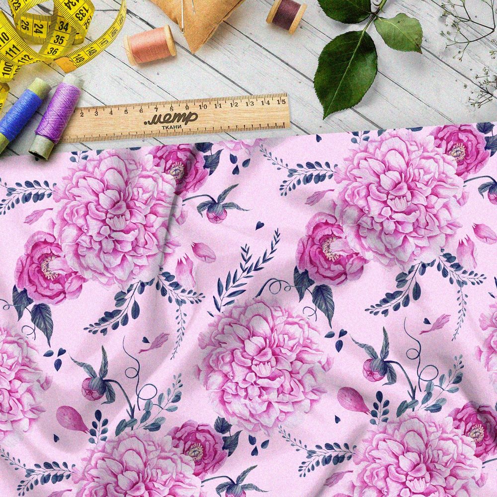 Ткань дюспо крупные нежные георгины на розовом фоне