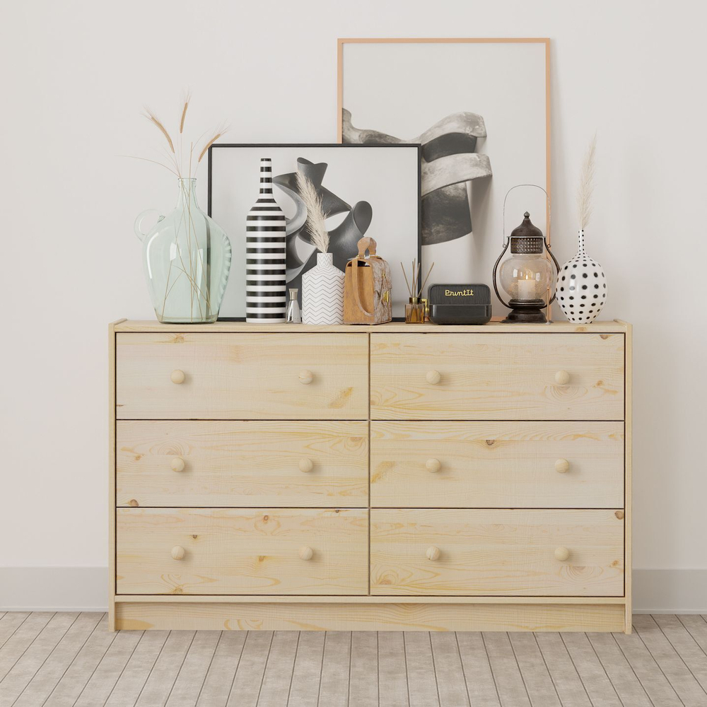 Dipriz Широкий деревянный комод Раст 6 ящиков, из сосны в натуральной отделке, с органайзерами для вещей