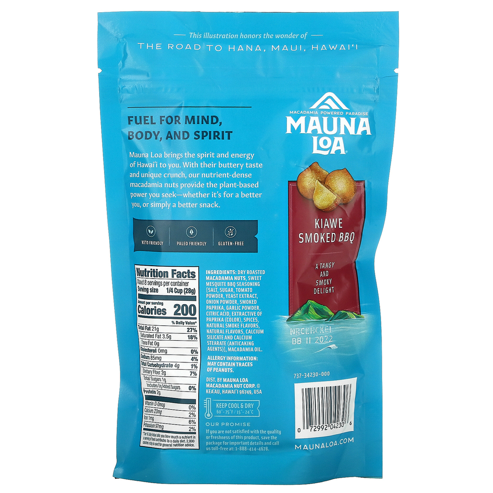 Mauna Loa, Dry Roasted Macadamias, барбекю с копченым киаве, 226 г (8 унций)