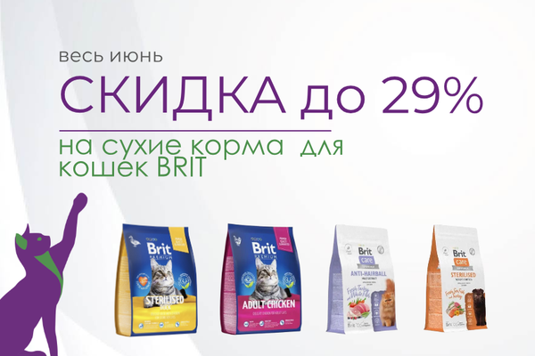 BRIT сухой корм для взрослых кошек — скидки до 29% в июне 2025 года!