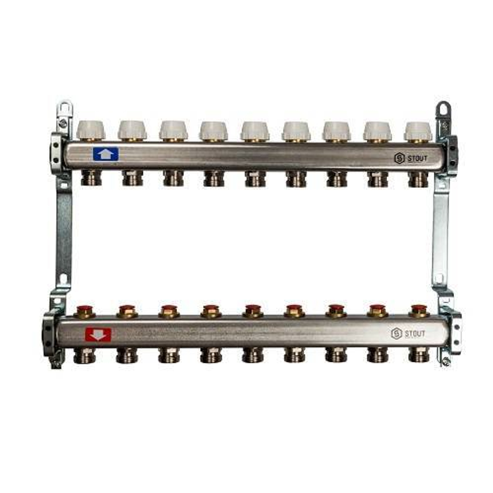 Коллекторная группа для радиаторного отопления STOUT SMS0922 - 1" на 9 контуров 3/4"EK (нерж.сталь)