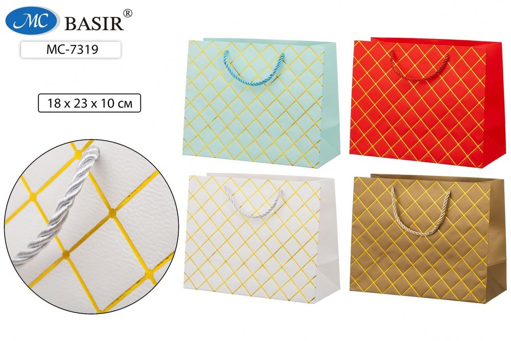 Пакет подарочный горизонт. 18*23*10см. "Ромбы" золотое тиснение, микс (Basir)