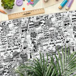 Ткань шелк Армани бело-серые коты из мультиков