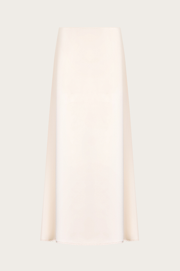 ЮБКА ИЗ БЕЖЕВОГО ШЕЛКА С ОТДЕЛКОЙ КРУЖЕВОМ