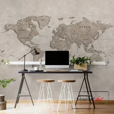 Фотообои карта мира бетон лофт "Карта мира" 420см x 270см флизелин премиум моющиеся GradientArt WM2B420270BE