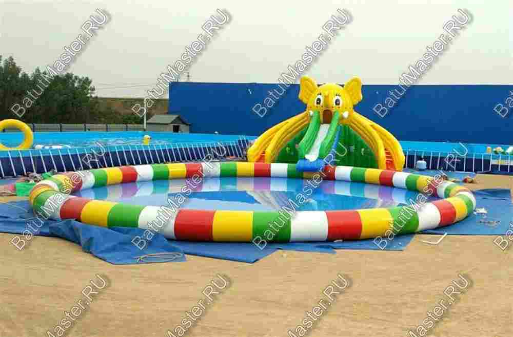 Надувной наземный аквапарк «Морской слон» 19*14*5 м, размер бассейна 14*14*0.8 м