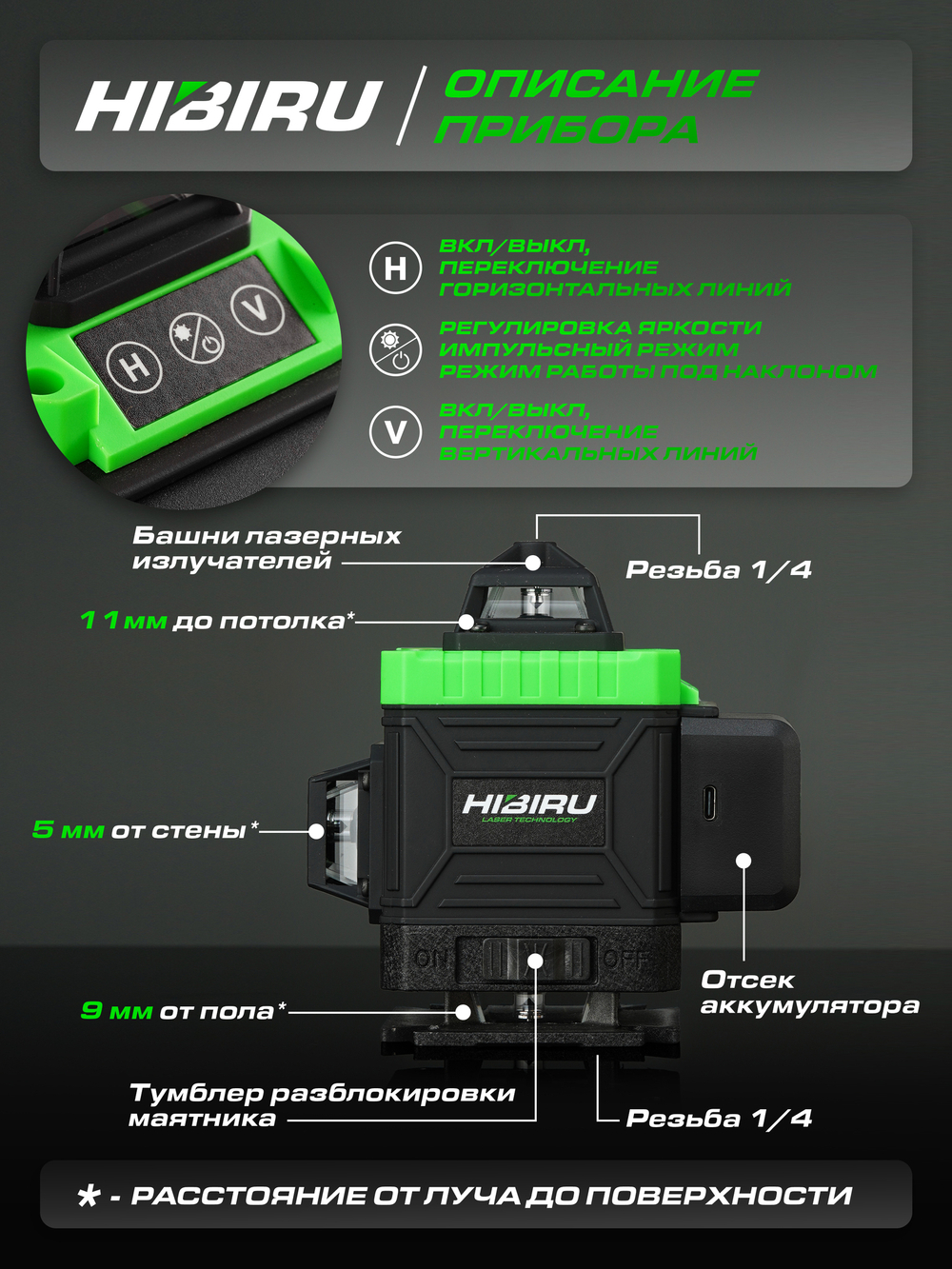 Профессиональный лазерный уровень HIBIRU 4D Q-Basic дальность 20м, 16 лучей 360 градусов, самовыравнивание, кейс, пульт, откалиброван, гарантия