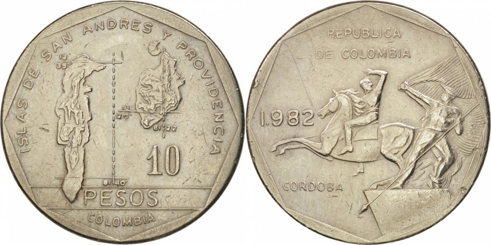 Колумбия 10 песо, 1981 - 1989 Карта VF