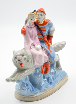 Иван-царевич на сером волке. Коллекционная фарфоровая скульптура. СССР, Старая гжель, 1960-е.