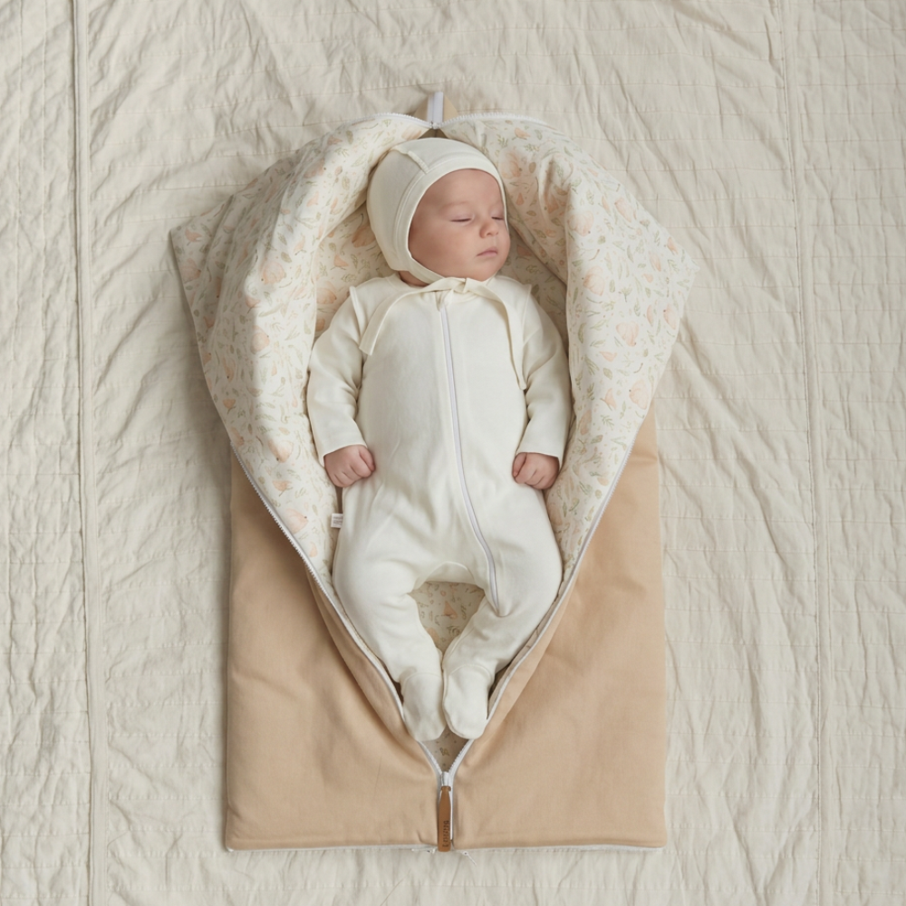 Комплект на выписку Зайчата и птички (бежевый)/(конверт+слип+чепчик)