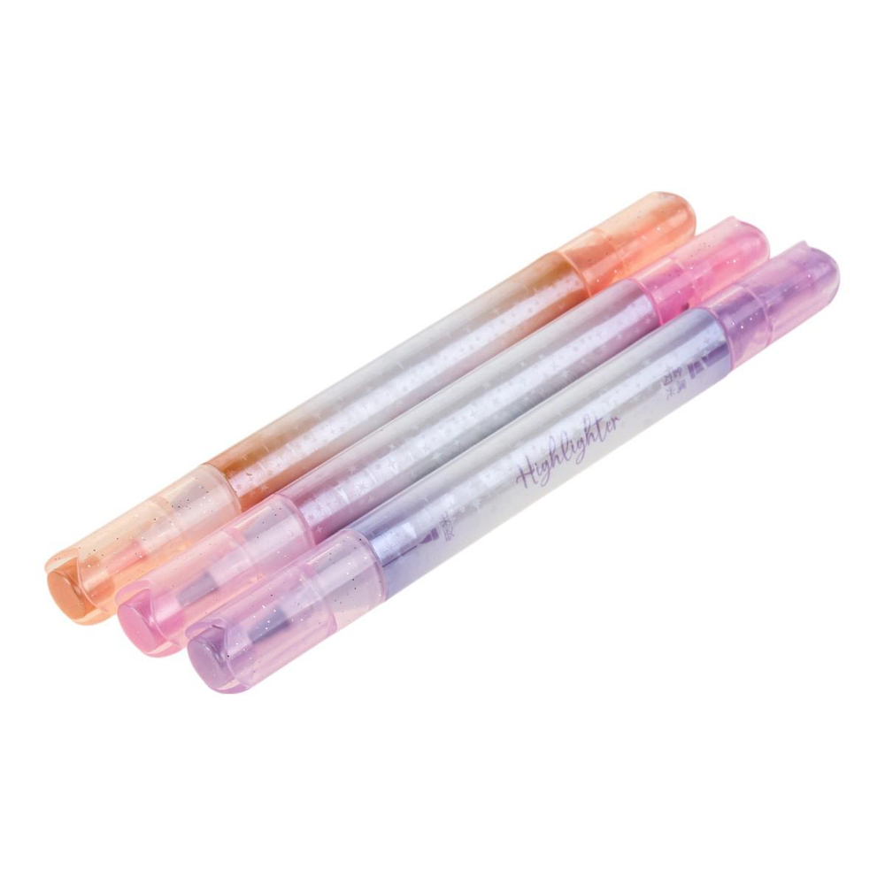 Набор текстовыделителей 3шт. 2-х стор,1 стор-кисточка,цв.пастель, 2 стор-с блестк. голубой