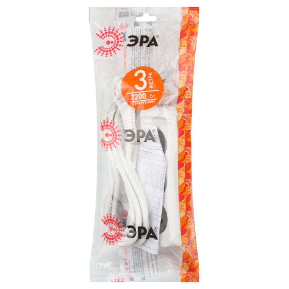 Удлинитель электрический ЭРА UX-3e-3m с заземлением 3 розетки 3м ПВС 3x0,75мм2 10А | Бытовые удлинители