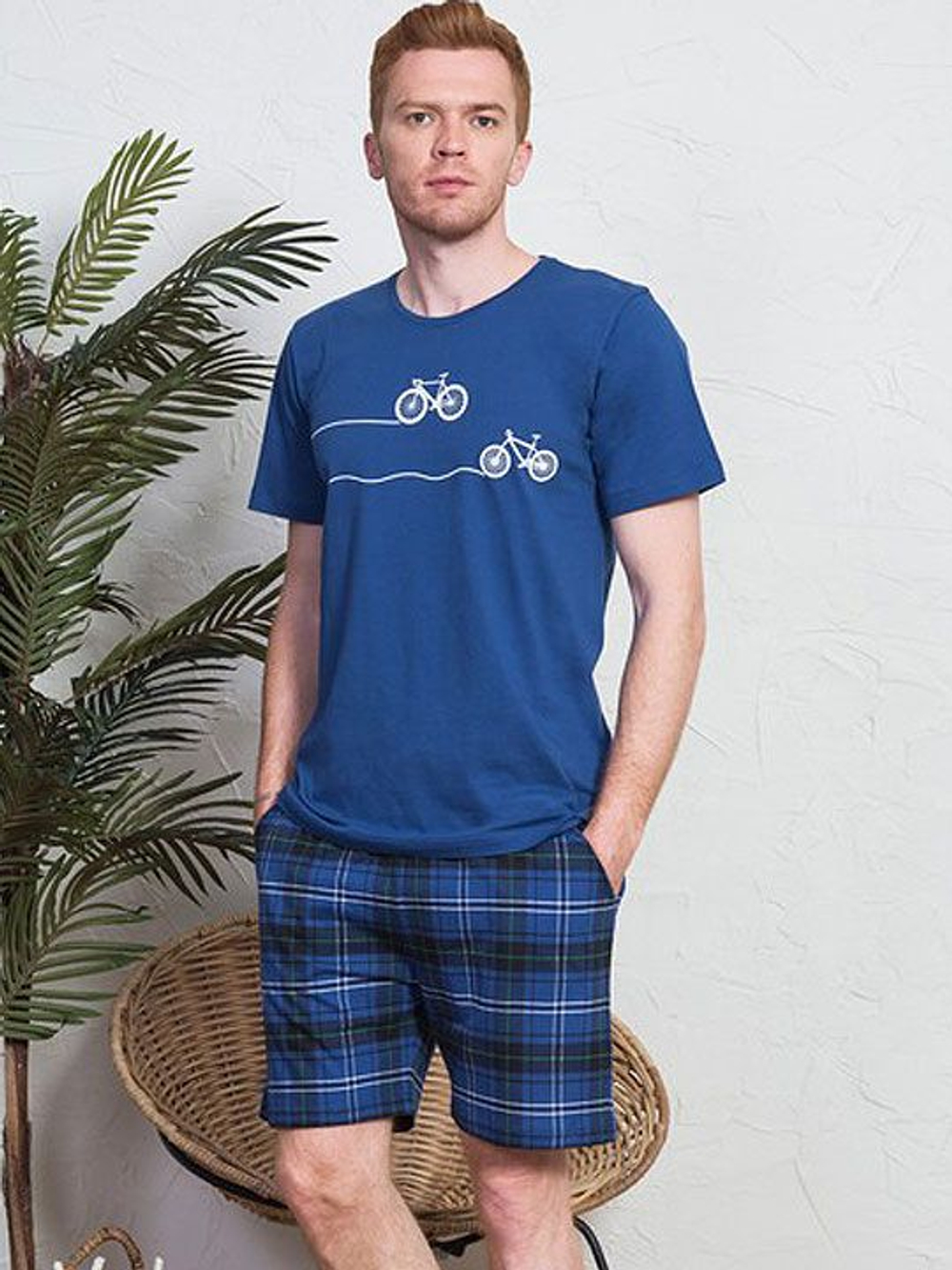 Мужской комплект с велосипедами на футболке (Размер: L) (Цвет: синий)