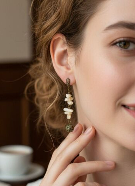 Серьги Nafael с перламутром длинные, бронза