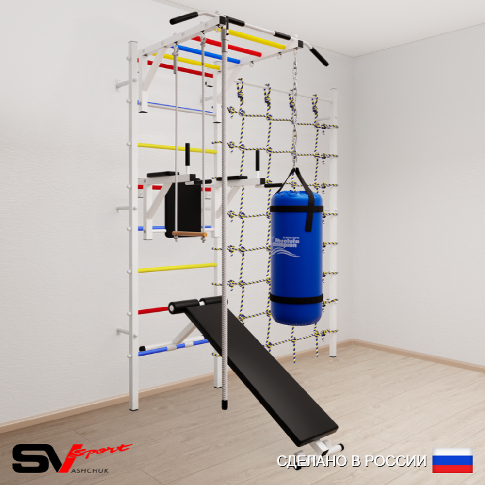Шведская стенка Sv Sport 55620 (Турник рукоход/Брусья/Скамья/Канат/Трапеция/Цепь/Мешок 22кг/Канатный лаз)