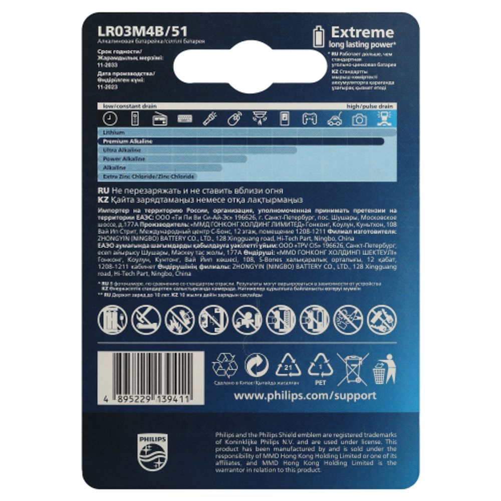 Батарейки Philips LR03M4B/51 ААА алкалиновые 1,5v 4 шт. LR03-4BL Premium (4/48/144/25920) | Philips